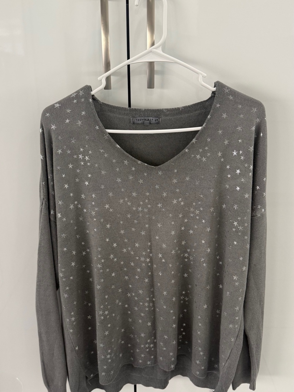 Tempo Paris Gray V-Neck Sweater with Silver Star Print